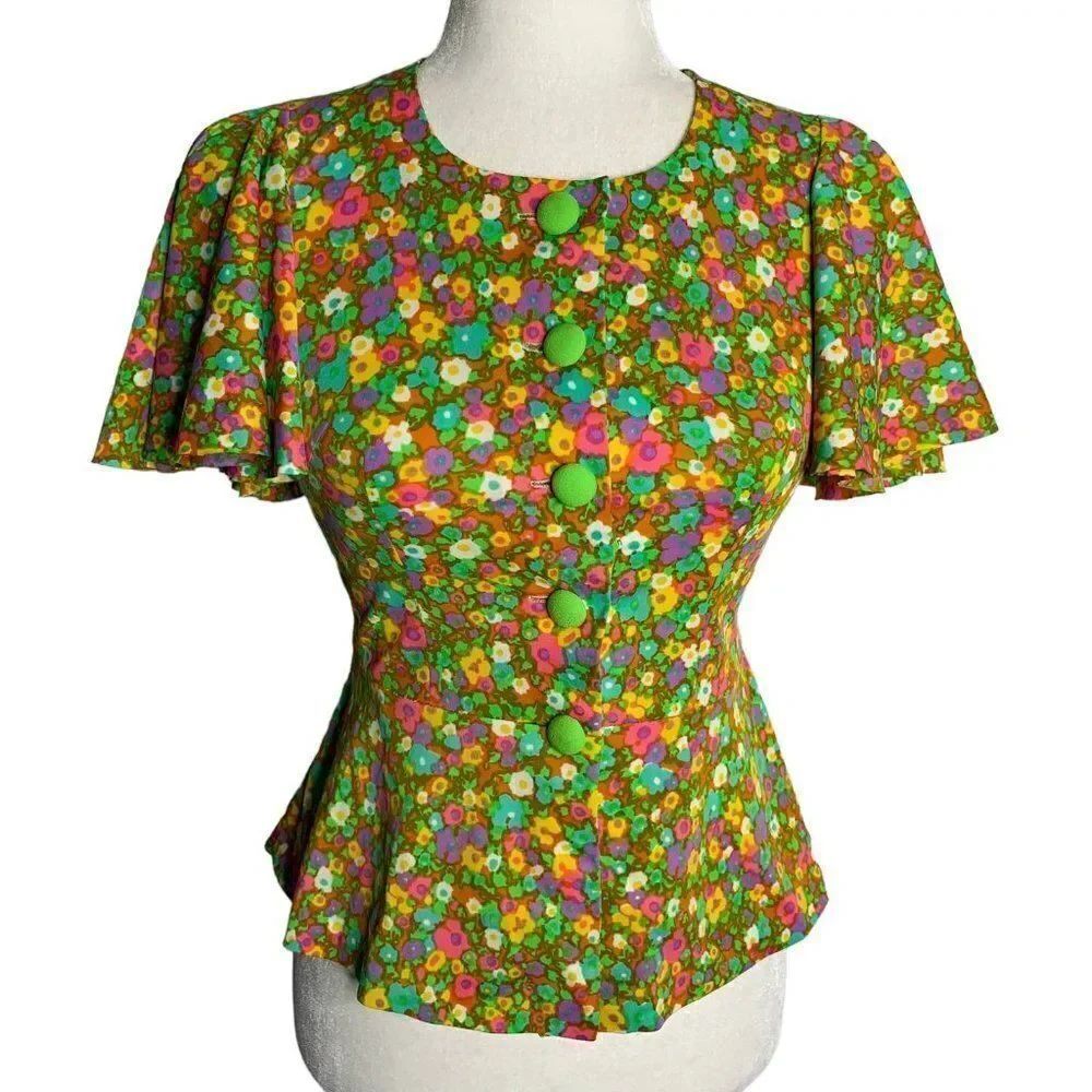 Vintage 60s Stretch Knit Peplum Top S Green Pink Groovy Floral Flutter Sleeve